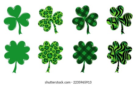 Clover set with chequered, leopard and tiger pattern. Happy St. Patricks Day. Design elements for social media, poster, t-shirt, banner, card. Vector illustration