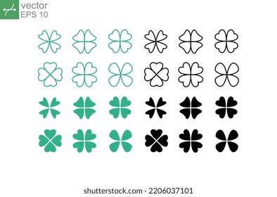 Clover set. Four leaf clover as symbol of luck. Hearth shaped leaf. Irish shamrocks or ireland tradition. Green clover leaf icon template design. Vector illustration. Design on white background. EPS10