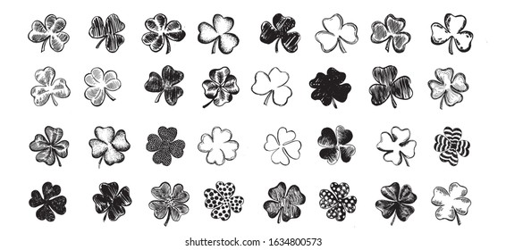 Clover set, hand drawn illustration. Patrick day.