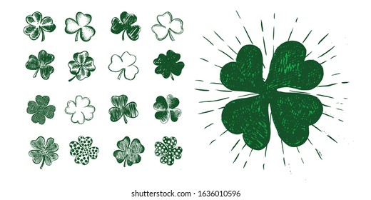 Clover set, hand drawn illustration. Patrick day.	