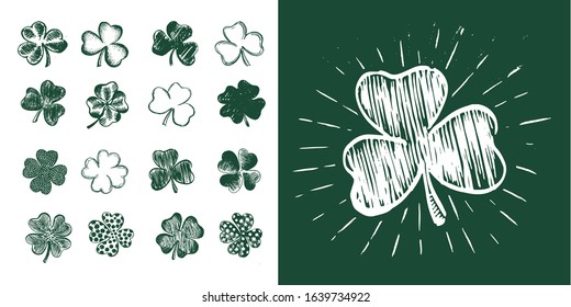 Clover set, hand drawn illustration. Patrick day.	