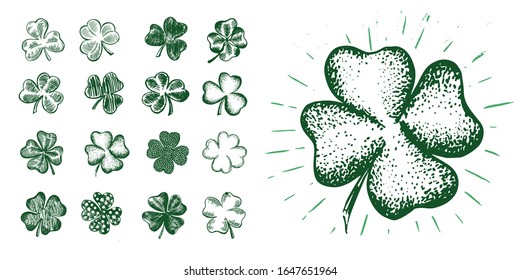 Clover set, hand drawn illustration. Patrick day.	