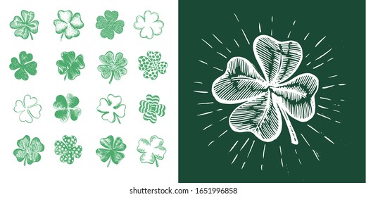 Clover set, hand drawn illustration. Patrick day.	