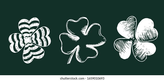 Conjunto de trébol, ilustración dibujada a mano. Patrick Day.	