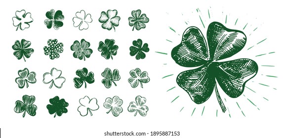 Clover set. Happy Patrick's day. Hand drawn style. Vector.