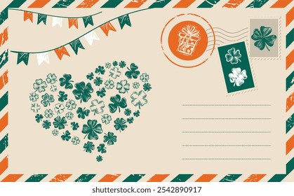 Conjunto de trébol. El día de Patrick. Postal, correo, ilustración dibujada a mano.