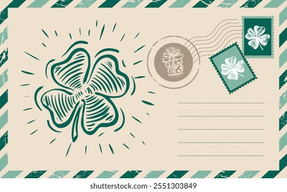 Conjunto de trébol. El día de Patrick. Postal, correo, ilustración dibujada a mano.