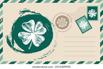 Clover set. Patrick's day. Postcard, mail, hand drawn illustration.