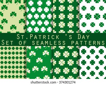 Clover. Set of seamless pattern with clover. St.Patrick's Day. Green color. The pattern for wallpaper, bed linen, tiles, fabrics, backgrounds. Vector illustration.