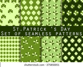 Clover. Set of seamless pattern with clover. St.Patrick's Day. Green color. The pattern for wallpaper, bed linen, tiles, fabrics, backgrounds. Vector illustration.