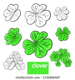 Clover set, vector illustration isolated on white background, set of objects, black and white version, color version