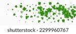 Clover shamrock 3d vector irish pattern. St Patrick day realistic green border for banner with leaf confetti. Isolated on transparent background. Four lucky grass leaves symbol for advertising