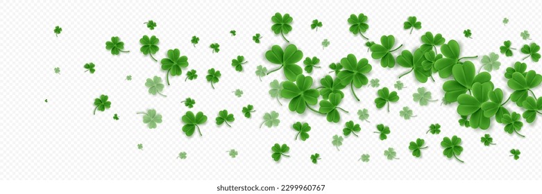 Clover shamrock 3d vector irish pattern. St Patrick day realistic green border for banner with leaf confetti. Isolated on transparent background. Four lucky grass leaves symbol for advertising