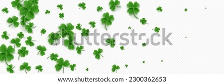 Clover shamrock 3d vector irish pattern. St Patrick day realistic green border for banner with leaf confetti. Isolated on transparent background. Four lucky grass leaves symbol for advertising