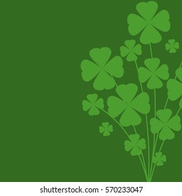 Clover shamrock bouquet on green background. St Patrick day greeting card. Irish wallpaper. Vector flat illustration.