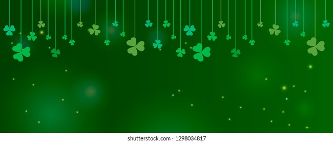 Clover shamrock leaves hung on strings on dark green background. Abstract St. Patrick's day border background with place for your text for your greeting cards design or poster. Vector illustration