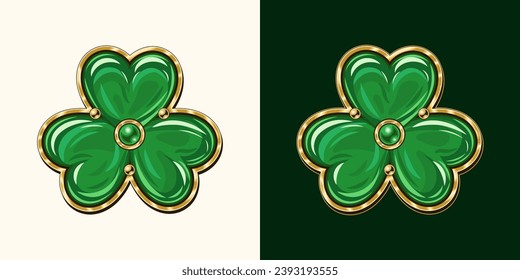 Clover, shamrock like jewelry charm made of green enamel in golden frame. St Patrick's Day decoration. Vintage style