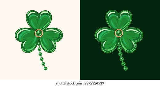 Clover, shamrock for St Patrick's Day decoration. Clover like jewelry enamel brooch. Vintage illustration.