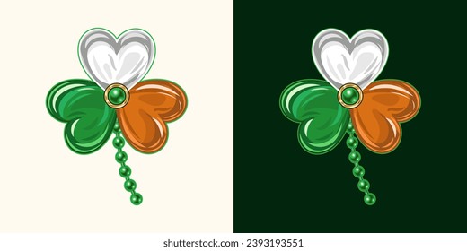 Clover, shamrock for St Patrick's Day decoration. Clover like jewelry enamel brooch. Traditional national colors of Ireland. Vintage illustration.