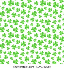 Clover shamrock trefoil leaves seamless pattern Saint Patrick’s Day festival background. Spring floral backdrop. Design for textile, scrap paper, wallpaper, fabric. White background Vector