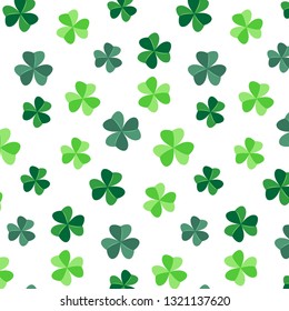 Clover shamrock trefoil leaves seamless pattern Saint Patrick’s Day festival background. Spring floral backdrop. Design for textile, scrap paper, wallpaper, fabric. White background Vector