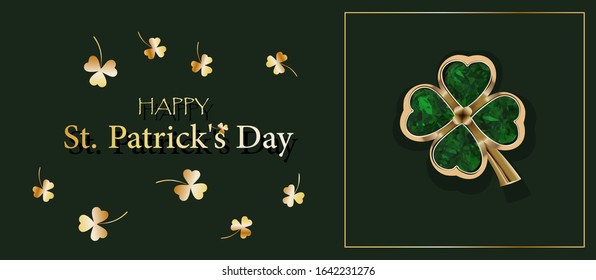 CLOVER SHEET on a green background. JEWELERY. Golden clover. Chic postcard for Saint Patricks Day. Horizontal format.