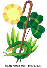 Clover, St Patrick's Staff and Snake. Saint Patrick's Day Symbols.
