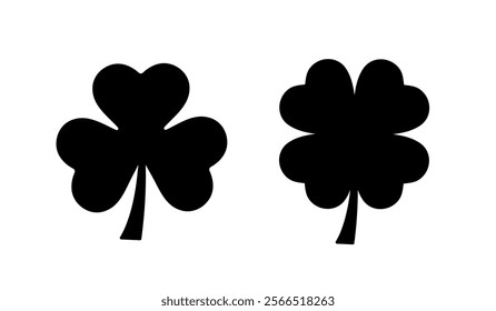 clover symbol, four-leaf and three leaf clovers, Shamrock black silhouette, vector design elements