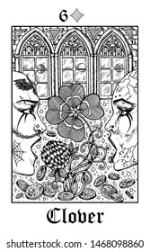 Clover. Tarot card from vector Lenormand Gothic Mysteries oracle deck. Black and white engraved illustration. Fantasy and mystic line art drawing. Gothic, occult and esoteric background