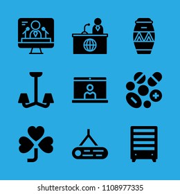 clover, television, drum, log, pills, news reporter, bookshelf, chandelier and video conference vector icon. Simple icons set