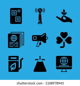 clover, television, news paper, antenna, hand holding a stalk, speaker, biodiesel, volcano and megaphone vector icon. Simple icons set