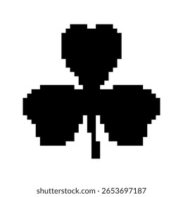 Clover templates in pixel art style. Black solid good luck symbols. Three-leaf clover, four-leaf clover, botanical, labels. Isolated on white background.