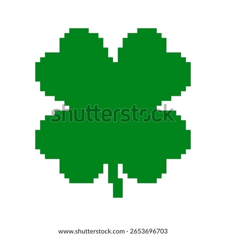 Clover templates in pixel art style. Green solid good luck symbols. Three-leaf clover, four-leaf clover, botanical, labels. Isolated on white background. 