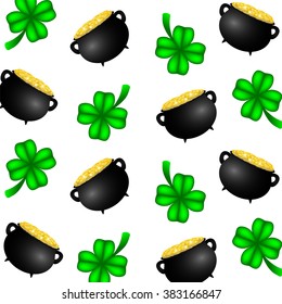 clover texture and pots of coins for St. Patrick's Day