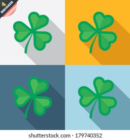 Clover with three leaves sign icon. Trifoliate clover. Saint Patrick trefoil symbol. Four squares. Colored Flat design buttons. Vector