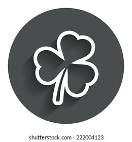 Clover with three leaves sign icon. Trifoliate clover. Saint Patrick trefoil symbol. Circle flat button with shadow. Modern UI website navigation. Vector