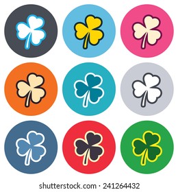 Clover with three leaves sign icon. Trifoliate clover. Saint Patrick trefoil symbol. Colored round buttons. Flat design circle icons set. Vector