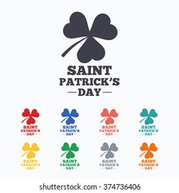 Clover with three leaves sign icon. Saint Patrick trefoil shamrock symbol. Colored flat icons on white background.