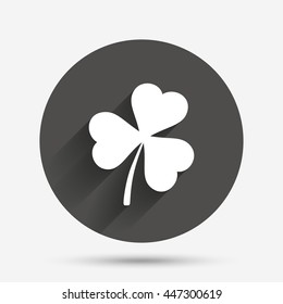 Clover with three leaves sign icon. Trifoliate clover. Saint Patrick trefoil symbol. Circle flat button with shadow. Vector