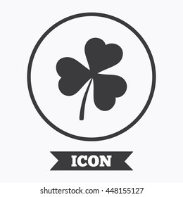 Clover with three leaves sign icon. Trifoliate clover. Saint Patrick trefoil symbol. Graphic design element. Flat symbol in circle button. Vector
