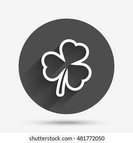 Clover with three leaves sign icon. Trifoliate clover. Saint Patrick trefoil symbol. Circle flat button with shadow. Vector