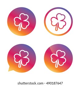 Clover with three leaves sign icon. Trifoliate clover. Saint Patrick trefoil symbol. Gradient buttons with flat icon. Speech bubble sign. Vector