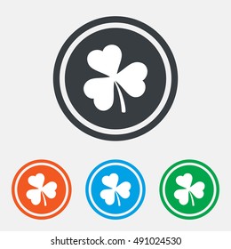 Clover with three leaves sign icon. Trifoliate clover. Saint Patrick trefoil symbol. Graphic design web element. Flat clover symbol on the round button. Vector
