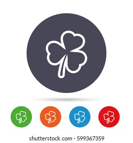 Clover with three leaves sign icon. Trifoliate clover. Saint Patrick trefoil symbol. Round colourful buttons with flat icons. Vector