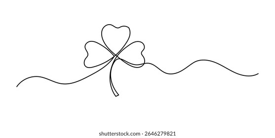 Clover with three petals one line drawing, symbol of St. Patrick s Day continuous outline isolated sketch