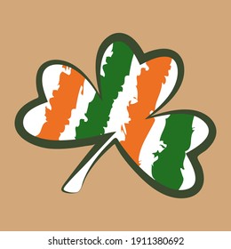 Clover three-leaf icon decorated with brush stripes in colors of Irish national flag. Craft paper color background, vector 10