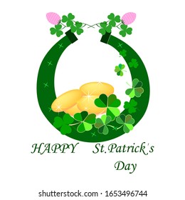 Clover treasure, lettering HAPPY St. Patrick DAY on white background. Symbol fortune, success, traditional ireland festival. Fashion design. Color template for prints, wrapping. Vector illustration