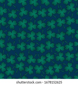 Clover. Trefoil. Repeating vector pattern. Isolated blue background. Seamless summer ornament. The symbol of Ireland. Delicate floral background. Three sheets. Cartoon style. Saint Patrick Day. Green.