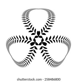  Clover, trefoil, trifolium  sign. Three-leaved black ornament. Laurel wreath tattoo. Ireland, Saint Patrick symbol. Laurel, wreath composition. Defense, belief, glory symbol. Vector isolated Ã?Â 