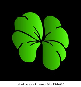 Clover vector illustration on black background. Green Lucky Four Leaf for St. Patrick's Day with distressed rough texture. Doodle style. Design icon, print, logo, poster, symbol, decor, textile, paper